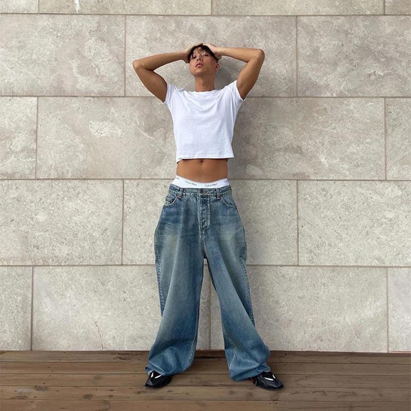 2023 Vintage Heavy Industry Oversized Straight Jeans High Street Distressed Jeans Baggy Wide Legged Floor Mopping Je